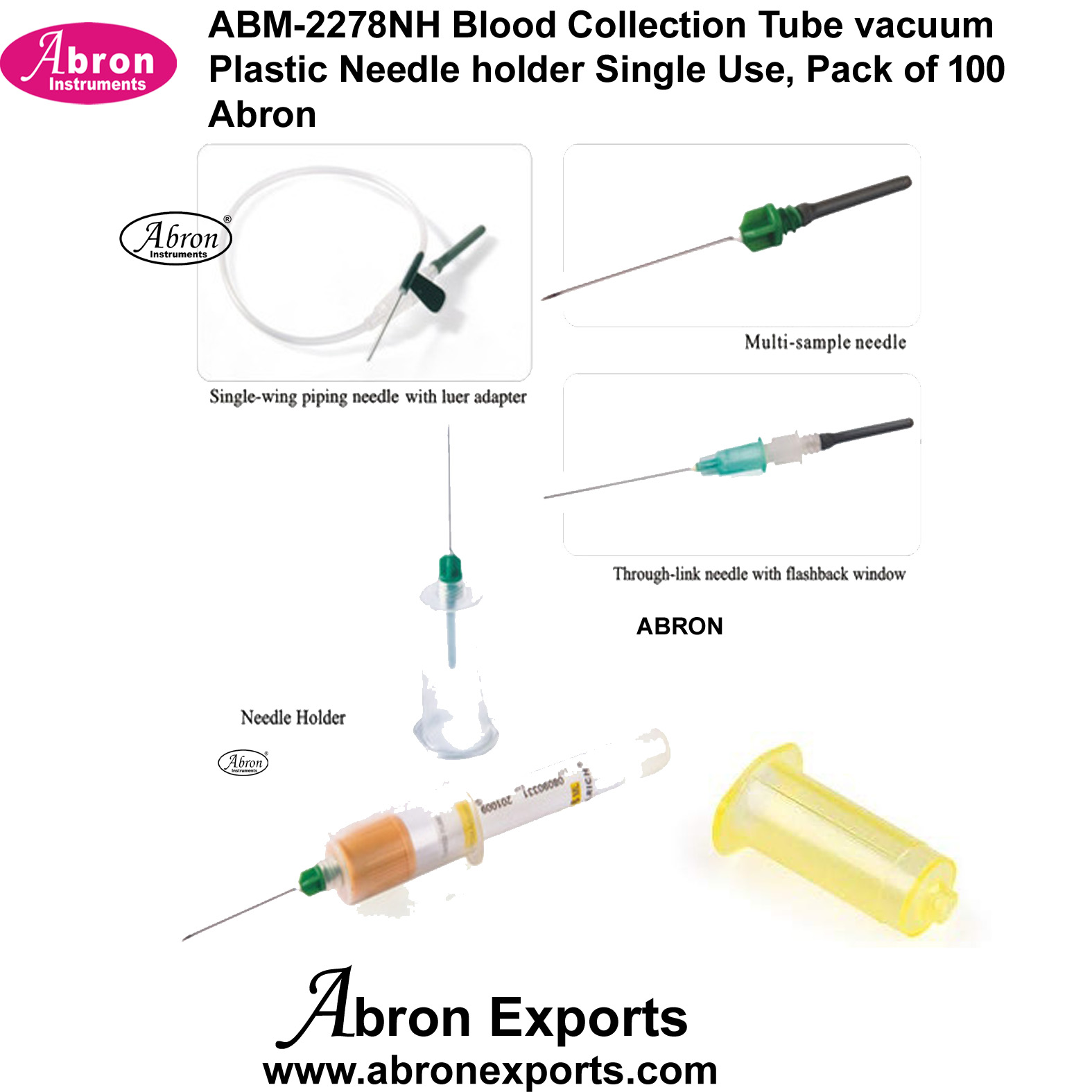 Blood Collection Tube vacuum Plastic Needle Holder Single Use Pack of 100 Abron ABM-2278NH 